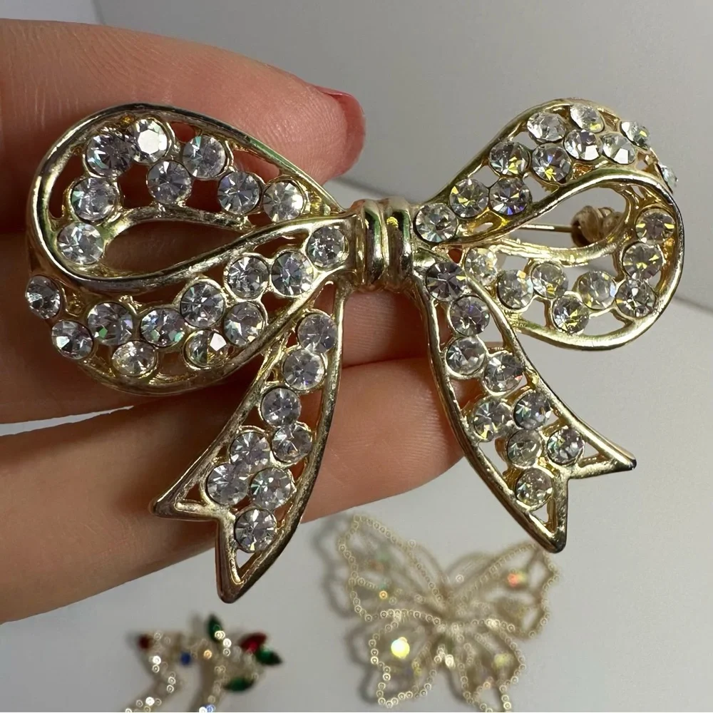 Gold Tone Rhinestone Bow, Butterfly & Reindeer Brooch Pins Lot of 3